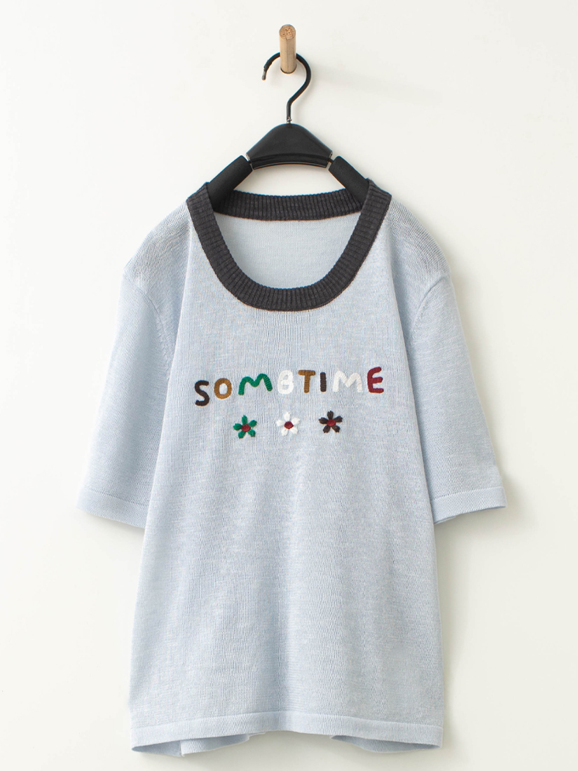 領口配色針織短袖上衣繡花純棉寬褲組合