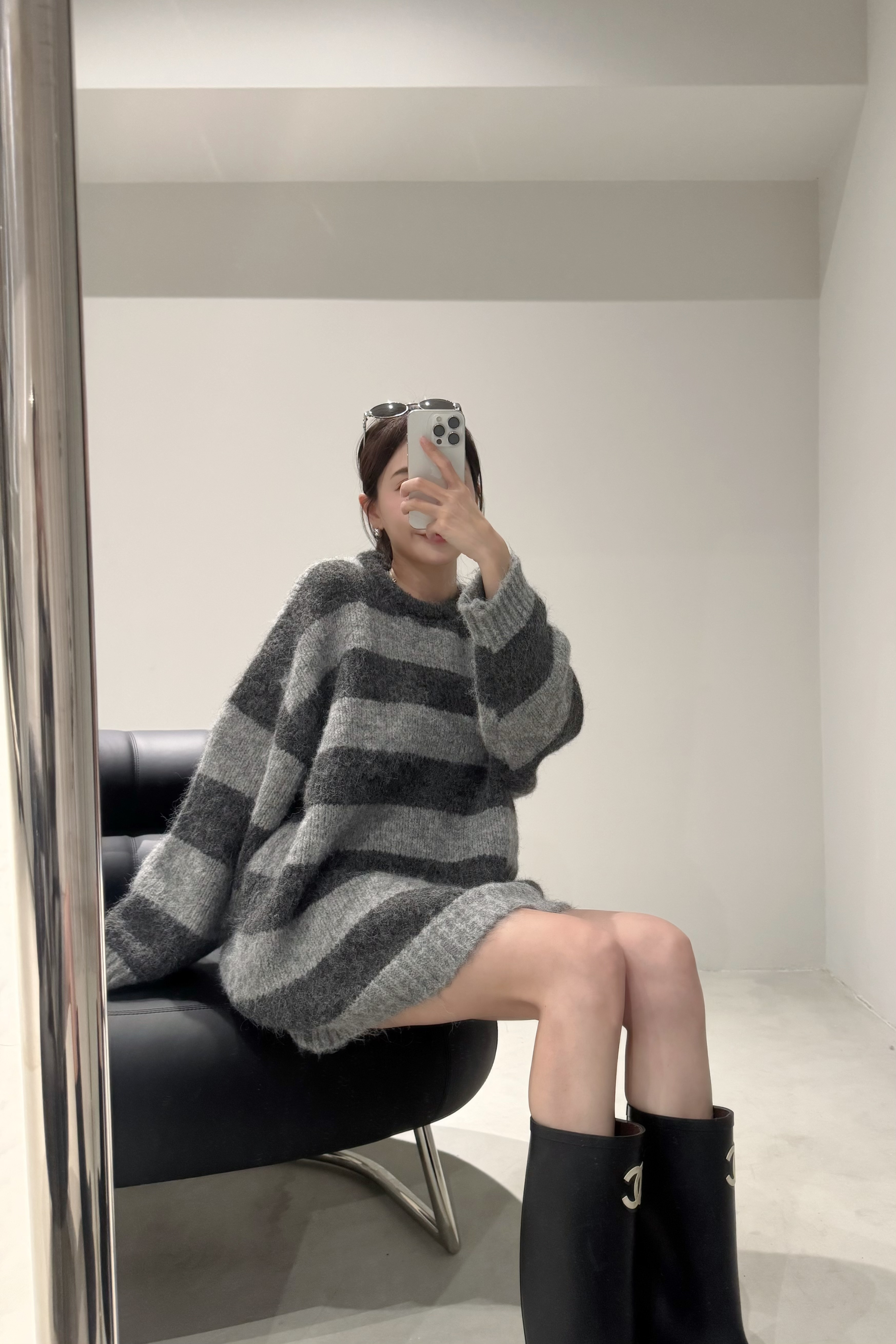 （現貨）🇰🇷#AF52 超Ｑ條紋長版毛衣(藍/灰/白)