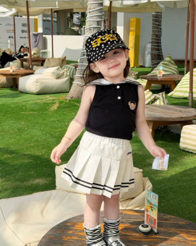 BYC04SE027BK 黑色學院風小熊水手背心套裝