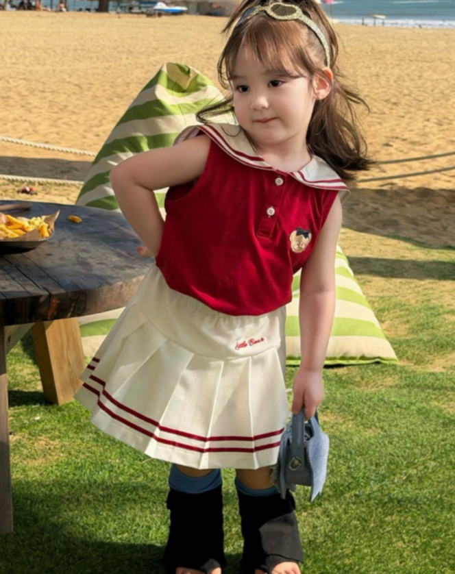 BYC04SE028RD 紅色學院風小熊水手背心套裝