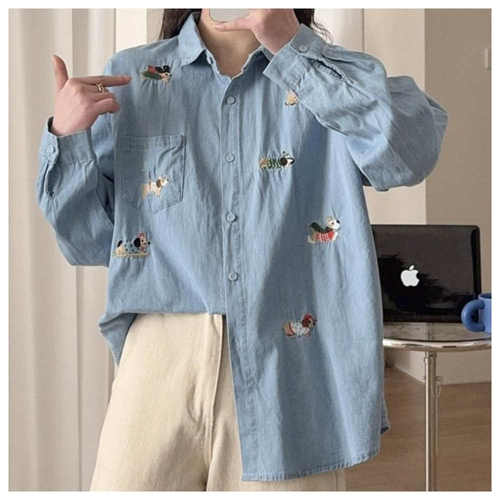 【ASister 小姊姊】AS1439#牛仔襯衫☆長袖水洗棉牛仔*刺繡印花特輯*排釦外套/罩衫(17款 F 胸圍108cm)
