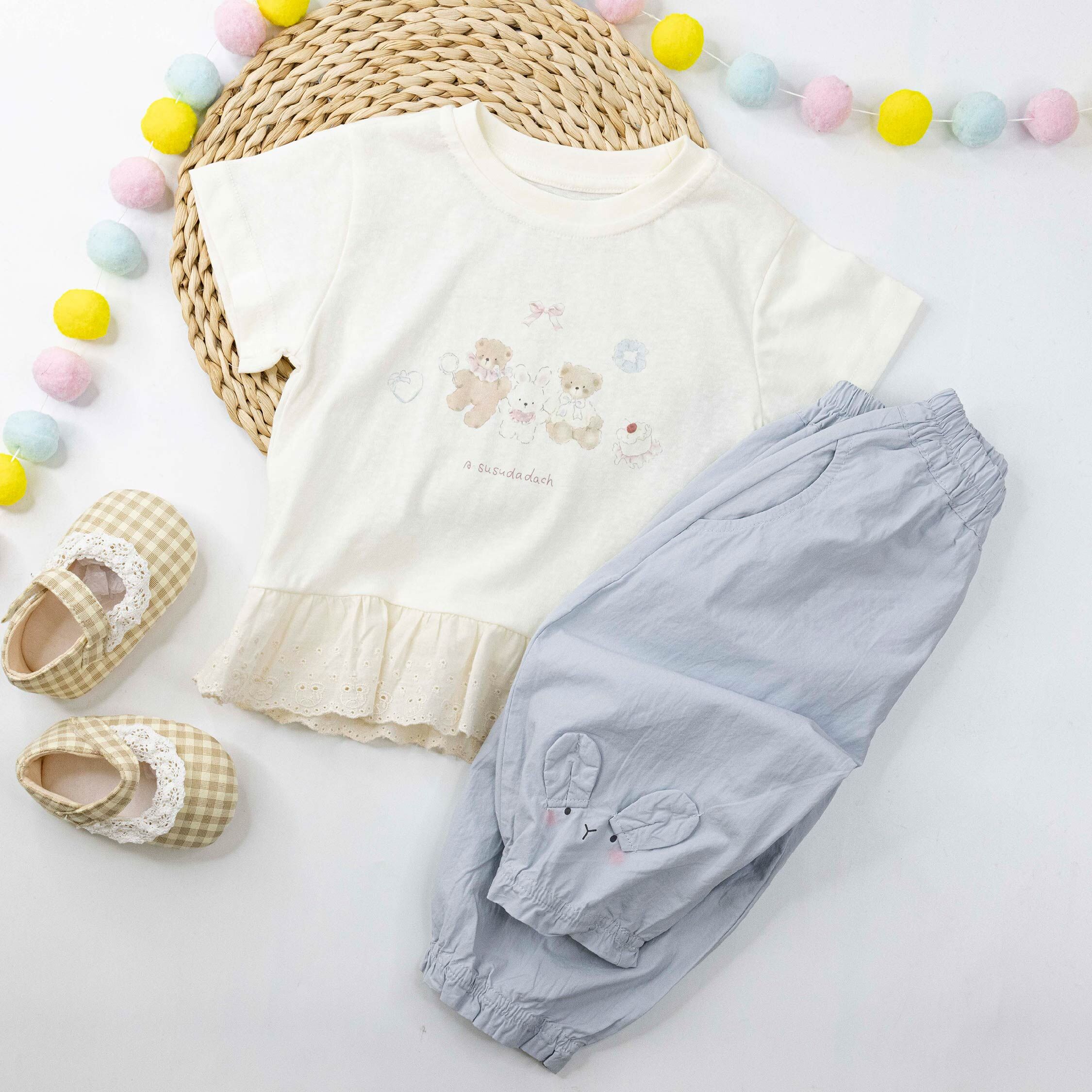 熊熊&兔兔派對花邊拼接上衣 (H60036)