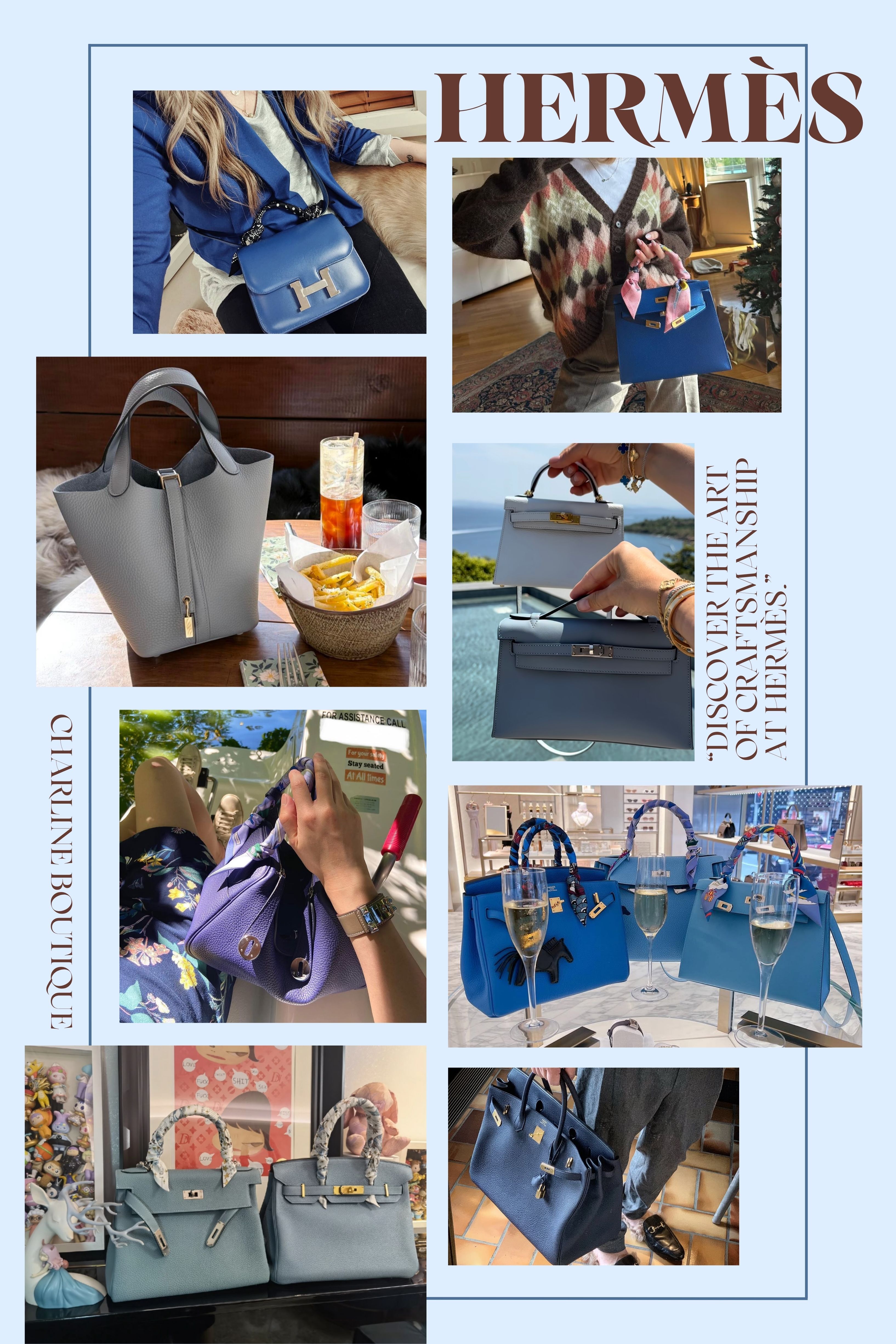 ✦ FAQ 常見問題  Q1：Hermès 藍色系哪一個最百搭？  A：這真的要看你的日常穿搭風格。以實用性來說，幾個方向可以參考：  J7 亞麻藍：灰藍調、低調耐看，通勤和正式場合都很合適  T0 霧藜藍：柔和淺藍，氣質清新，日常好搭  2Z 午夜藍：接近黑色，正式感強，幾乎可以直接當黑色用  牛仔藍（Bleu Jean）：偏休閒風格，經典耐看，不太退流行  偏灰或偏深的藍色，像亞麻藍、午夜藍，在日常穿搭裡真的很好用，也是最不容易翻車的選擇。    Q2：哪一個藍色最顯白、最不挑膚色？  A：對亞洲偏黃的膚色來說，帶灰調或偏深的藍色通常會更穩，也更顯白：  2Z 午夜藍：深邃的對比感很能提亮膚色，最安全的選擇  T0 霧藜藍：柔和灰白調，能有效中和蠟黃感，讓氣色看起來更乾淨  霧藜藍讓整體感覺溫柔，午夜藍則是那種穩穩的、絕對不踩雷的選擇。另外像 7T 電光藍、牛仔藍這類中高飽和藍，也有提亮整體精神的效果。    Q3：Hermès 藍色包款在不同皮革上會有差嗎？  A：差別非常明顯，這也是 Hermès 最迷人的地方之一——就算是同一個色號，換到不同皮革上，深淺、光澤、紋理感和整體氣質都會完全不一樣：  Togo / Clemence：顆粒感讓藍色看起來更霧面、更穩重，Clemence 則更柔軟  Epsom：皮革硬挺，藍色顯得更亮、更飽和，很有都會感  Swift：顯色度極佳，藍色細膩且有現代感  Box Calf / 鱷魚皮：藍色展現出深邃的層次與光澤感，貴氣感直接升級  簡單來說：想要低調選 Togo，想讓顏色「跳」出來選 Epsom 或 Swift。很多人一開始以為自己在選色，後來才發現其實是在選「那個顏色放在什麼皮革上最對味」——這個差異真的很值得去店裡親眼比比看。    Q4：Hermès 藍色包款適合搭配金釦還是銀扣？  A：這關係到你想呈現的「溫度」：  淺藍、灰藍（如霧藜藍、冰藍）→ 搭銀扣更清爽、冷靜，有種高冷的貴氣  深藍、正藍（如午夜藍、法國藍）→ 搭金釦對比強烈，更趨向成熟與經典  說白了就是冷調藍配銀扣，整體更現代乾淨；深藍配金釦，則更有那種老錢感的貴氣。其實最後很多人不是在選哪個比較好，而是在選自己平常比較像哪一種風格的人。    Q5：Hermès 近年的藍色趨勢是什麼？  A：這兩年非常明顯，藍色系正從「高飽和亮藍」轉向低飽和藍灰。像 Gris Pantin（木偶灰）、Bleu Tie 這類新色，不是傳統很亮的藍，而是更偏藍灰調，整體更安靜、更耐看。  比起一眼奪目的鮮豔色，現在的藏家更傾向耐看、日常且能展現 Quiet Luxury 氛圍的低調藍。觀察下來，現在大家喜歡的藍色，已經不是「越亮越好看」，而是「越耐看越重要」。    Q6：顏色會影響 Hermès 的價格嗎？  A：絕對會，在二手市場上尤其明顯：  經典色（Noir、Gold、Etoupe）：需求長期穩定，流動性最高，最好轉手  特殊色 / 季節色：數量少時可能有溢價，但價格波動也比較大  流行色 vs 經典色：流行色一時很熱，但不一定走得久；深藍調（如午夜藍）相對比鮮豔季節色更穩  如果保值或轉售是主要考量，大部分人最終還是會偏向經典色。    Q7：所謂的「金剛色」有哪些？  A：「金剛色」通常指 Hermès 最經典、最保值的中性色群，因為超百搭又耐看，常被當成安全牌：  Noir（黑色，89）  Gold（金棕，37）  Etoupe（大象灰，18）  有時也會把 Craie（奶昔白，10）一起列進去，稱為四大金剛。對新手來說，如果搶不到這幾色，從午夜藍（2Z）或亞麻藍（J7）入手也是非常聰明的選擇。    Q8：淺色系的藍色包包需要特別保養嗎？  A：一定要！像 T0 霧藜藍、08 灰白藍這類淺色，最怕的就是牛仔褲染色（Color Transfer），深色衣物長時間摩擦是大忌。幾個重點可以先注意：  避免和深色牛仔褲、深色外套長時間摩擦  手柄位置可以纏上 Twilly 絲巾，防止手汗和油脂滲入皮革  表面灰塵用乾淨柔軟的布輕拭就好，別隨便亂擦  淋到雨先用乾布吸乾，再放通風處自然陰乾  不用時放回防塵袋，裡面適度填充維持包型  有明顯染色或泛黃，建議交給專業皮革保養處理  淺色包不是不能買，而是更吃使用習慣。只要平常有在留意，其實狀態可以維持得很漂亮！    Q9：Hermès 新手推薦從哪個包款開始？  A：建議直接看預算和使用需求：  想好入手、日常實用：Picotin（菜籃子）、Evelyne、Herbag → 輕鬆好搭，配貨壓力相對低  需要容量、想拿來通勤：Garden Party、Bolide → 實用性高，可以裝很多  想直接入門經典款：Kelly、Constance → 辨識度高、保值穩定，但入手難度也比較高  第一顆與其選最熱門，不如先選「你自己真的會常背」的——不然花了大錢買回家只是拍照，後面真的很容易後悔。    Q10：哪種皮革最適合日常粗用？  A：如果不想像照顧小孩一樣照顧包包，以下幾款最推薦：  Epsom：硬挺、輕巧、耐刮，遇到小雨也好處理，對想省心的人超友善  Togo：經典耐磨，顆粒紋路讓細微刮痕幾乎看不出來，最均衡也最熱門  Evercolor：輕巧耐刮，質感細緻，也是近年人氣上升的選擇  Clemence：手感柔軟，但相對重一些  如果新手不想一開始就花太多心思研究皮革，直接從 Epsom 或 Togo 開始，通常最穩、最不踩雷。