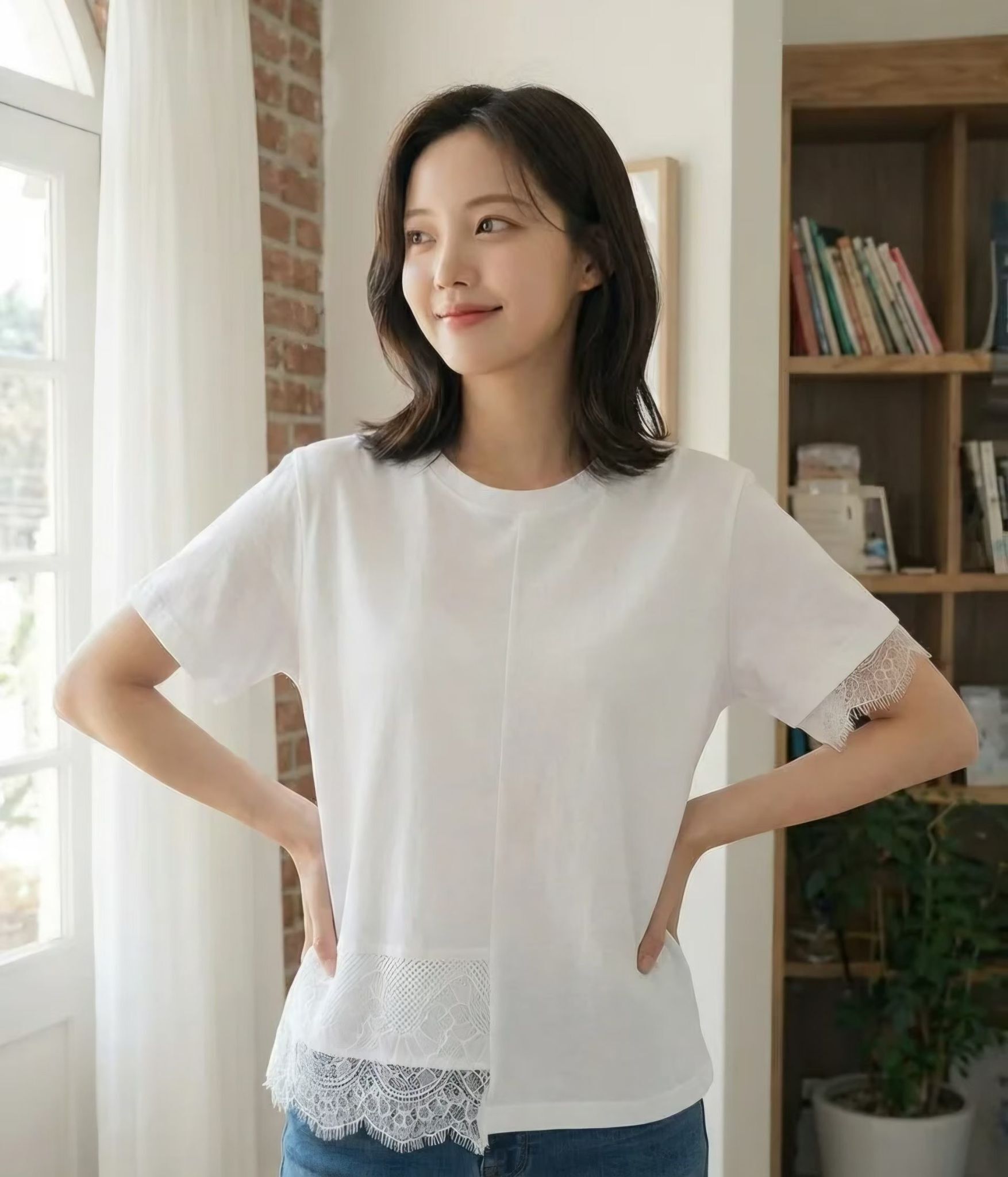 S牌子韓國淨色拼Lace top ~159AK