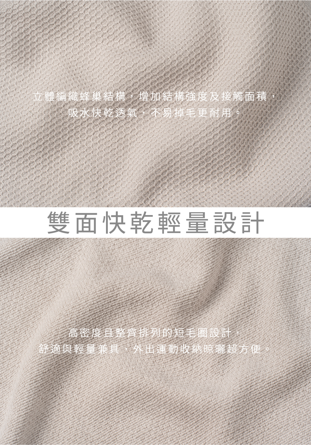 雙面快乾輕量設計面料特寫。上半部展示立體編織蜂巢結構，強調增加接觸面積以達成吸水快乾；下半部展示高密度整齊排列的短毛圈面，強調在輕量收納中維持舒適親膚體感。