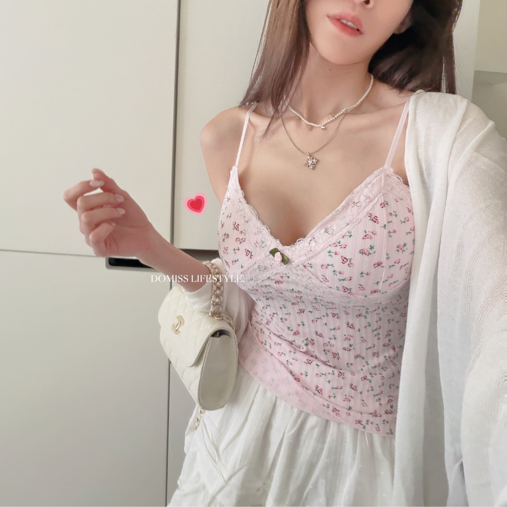 【初戀碎花】DOMISS蕾絲滾邊細肩背心 帶胸墊 小可愛-2色(現貨)