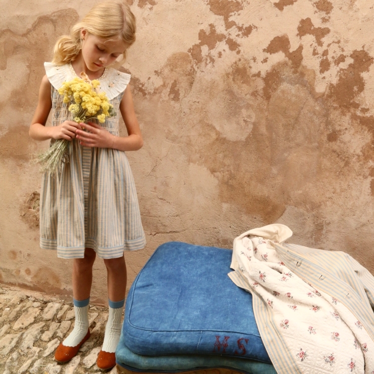 BONJOUR DIARY 荷葉領蝴蝶結綁帶無袖洋裝附髮夾(藍條紋) TUNIQUE WITH HAIRCLIP - Transat stripe