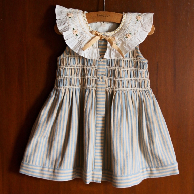 BONJOUR DIARY 荷葉領蝴蝶結綁帶無袖洋裝附髮夾(藍條紋) TUNIQUE WITH HAIRCLIP - Transat stripe