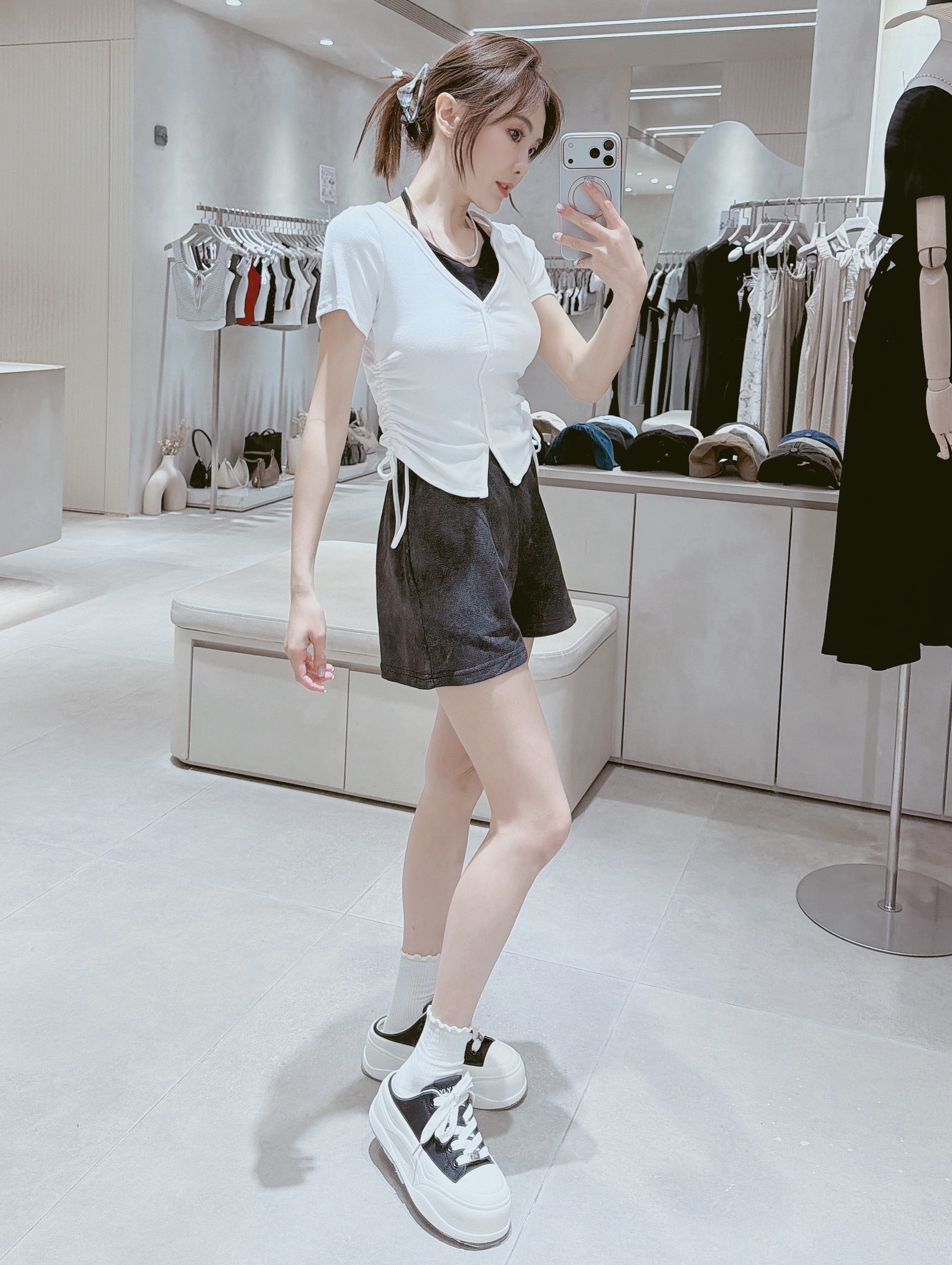 兩側抽繩拼接配色扭釦棉質衣