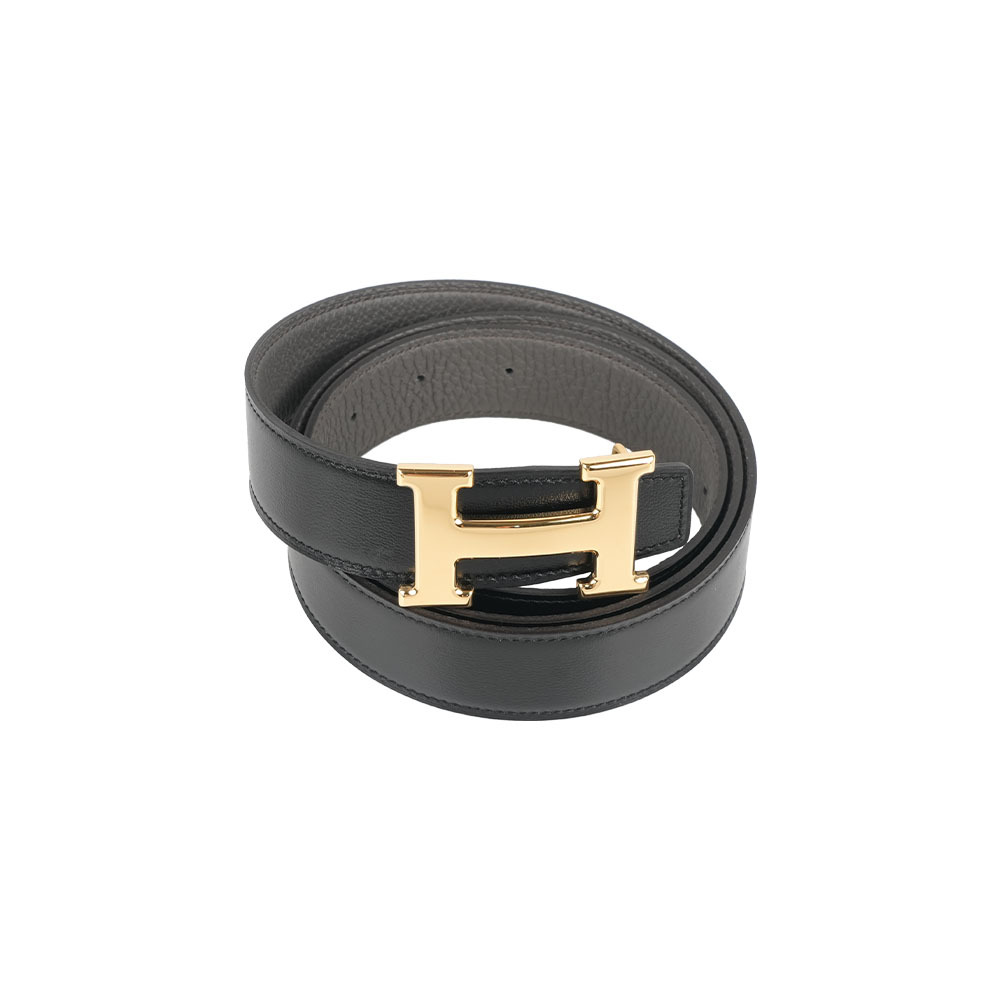 【Hermès】拼色Togo及Box皮+亮金釦H Logo皮帶 100cm (黑色/錫器灰)