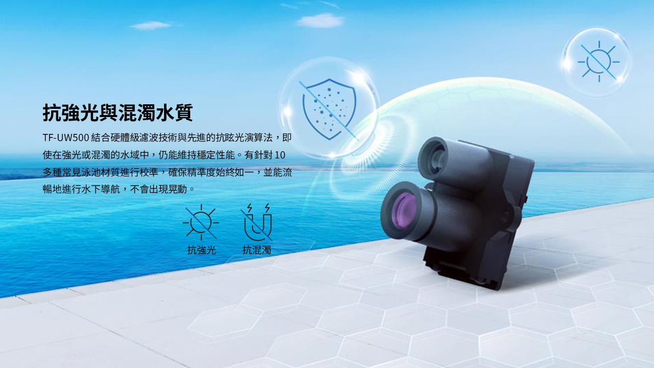 TF-UW500 結合硬體級濾波技術與先進的抗眩光演算法，即使在強光或混濁的水域中，仍能維持穩定性能。有針對 10 多種常見泳池材質進行校準，確保精準度始終如一，並能流暢地進行水下導航，不會出現晃動。