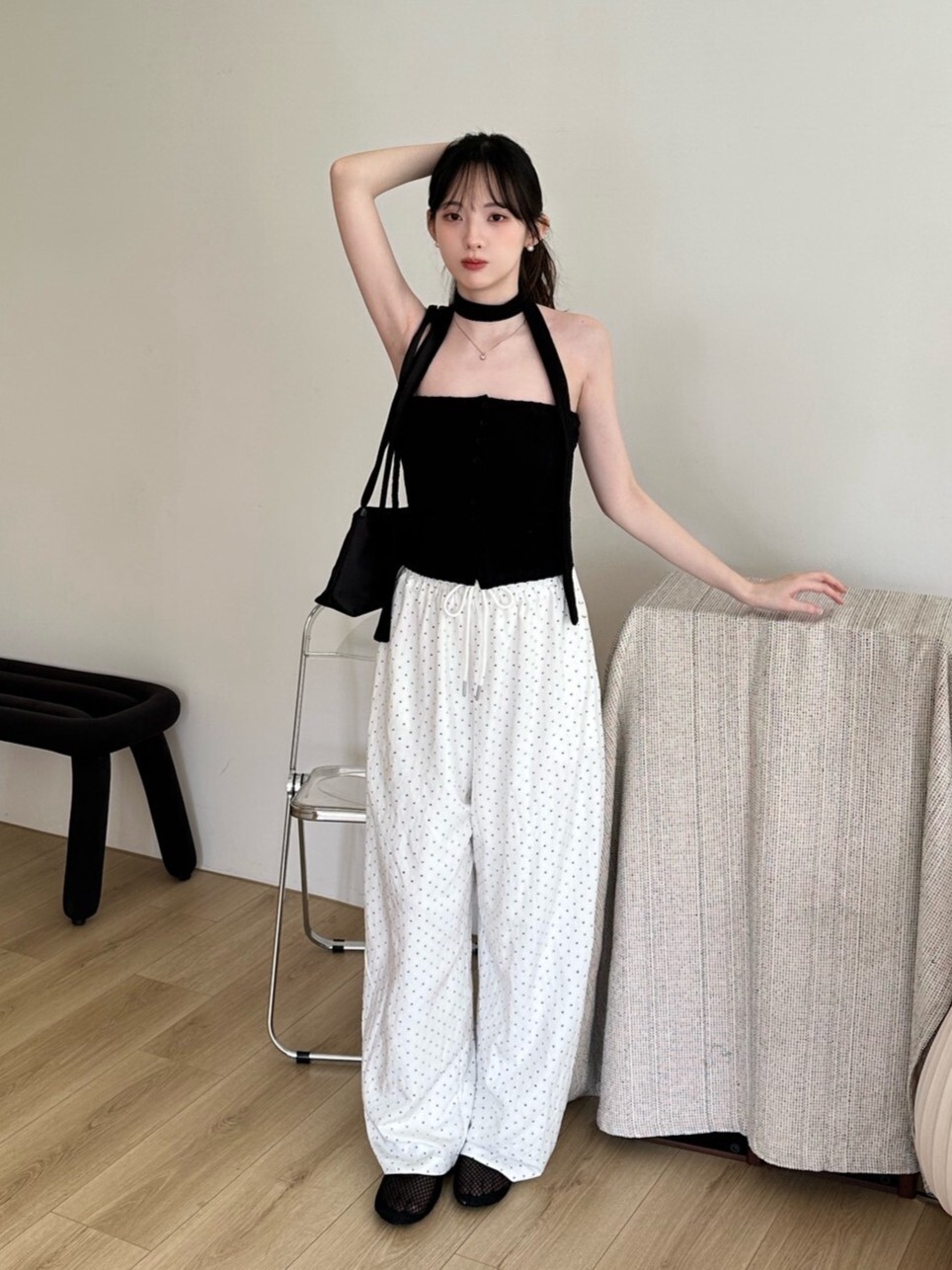 /𝙘𝙝𝙞𝙝 𝙢𝙖𝙙𝙚/ 迷人反差 抽繩鬆緊腰點點長褲