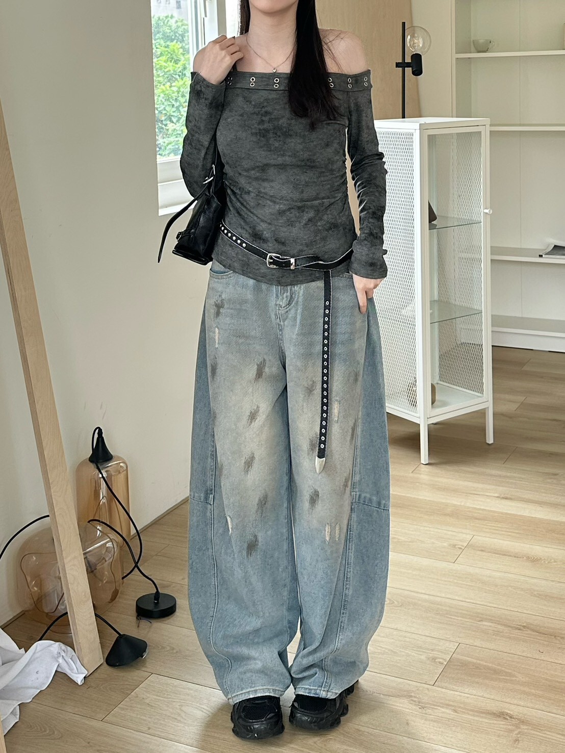 隨興所至 復古刷色微繭型牛仔寬褲