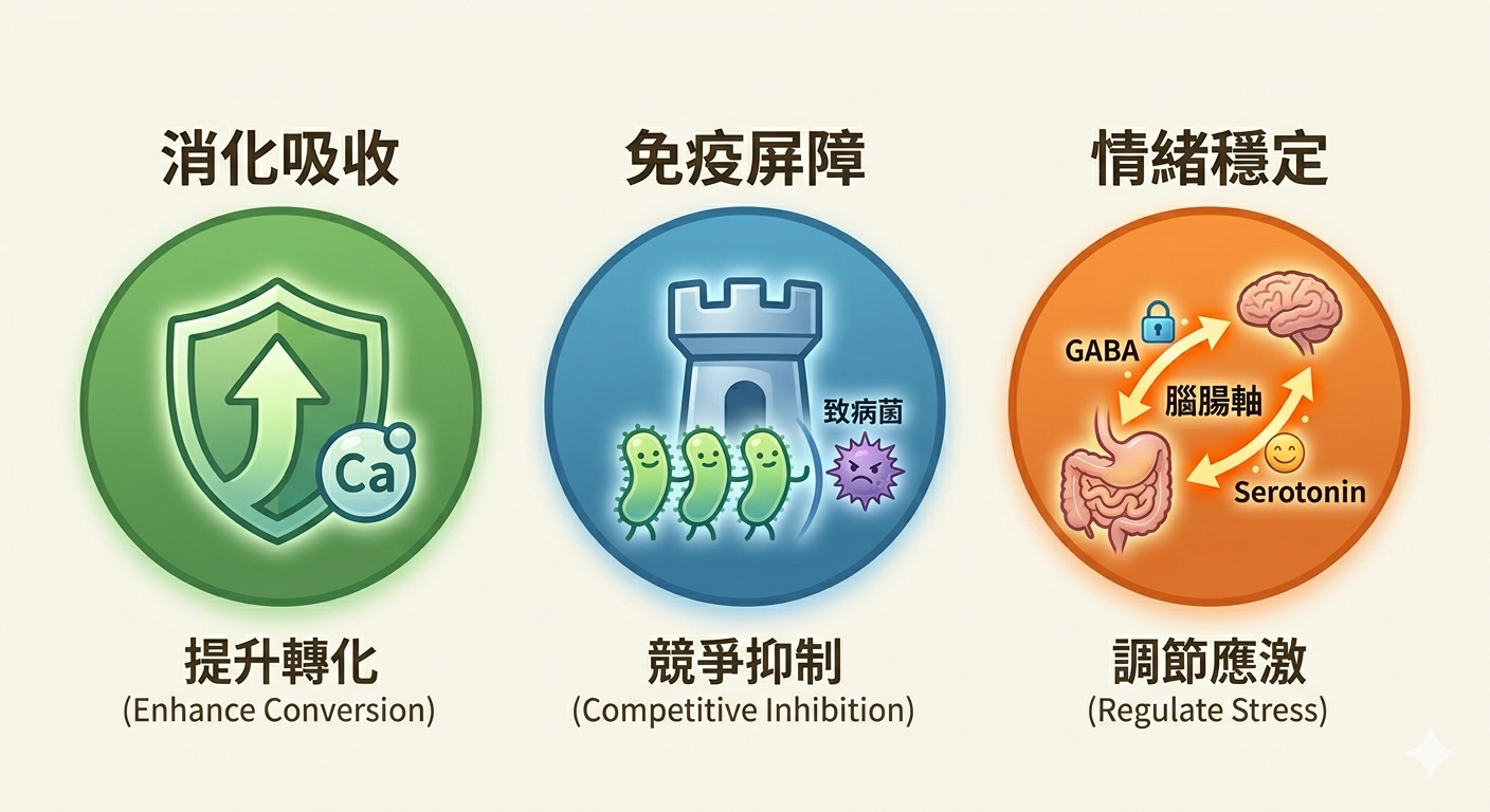 爬寵益生菌三大作用機制圖解：提升消化轉化率、免疫屏障競爭抑制、腦腸軸應激調節