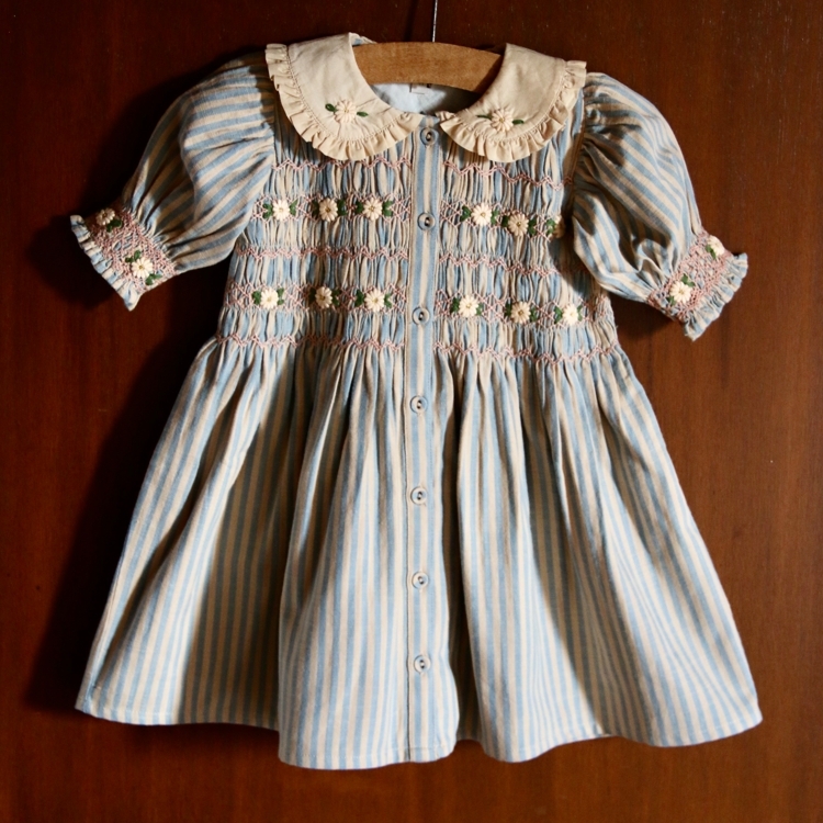 BONJOUR DIARY 小花袖排釦洋裝(藍條紋) ROMANTIQUE TUNIQUE - Blue transat stripe