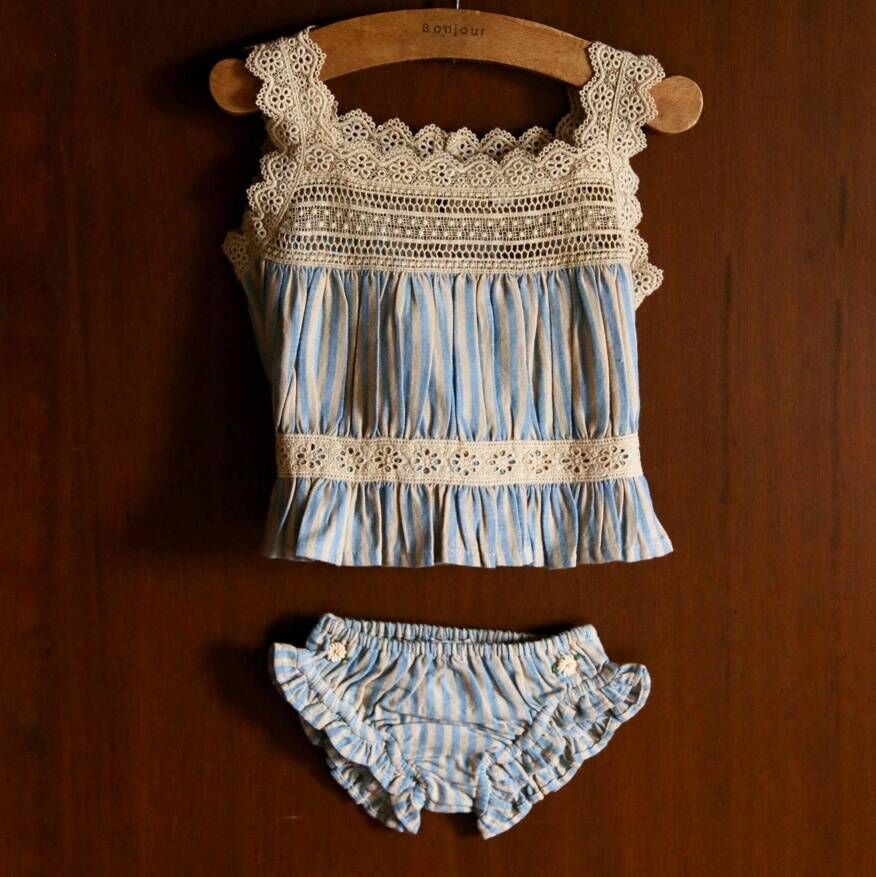 BONJOUR DIARY 無袖鏤空後綁帶套裝(藍條紋) SET - TOP & PANTY - Blue transat stripe