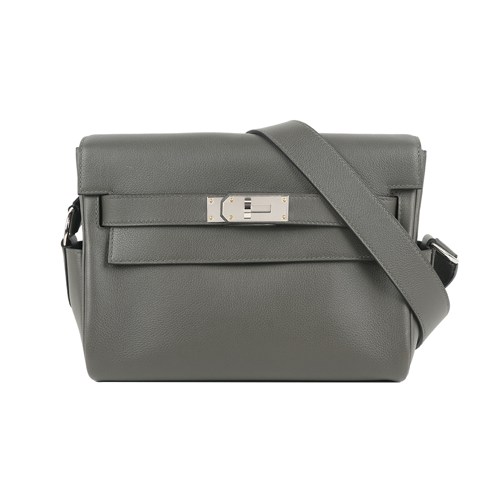 【Hermès】Kelly Messenger 銀釦翻蓋式郵差包/斜背包(灰色)