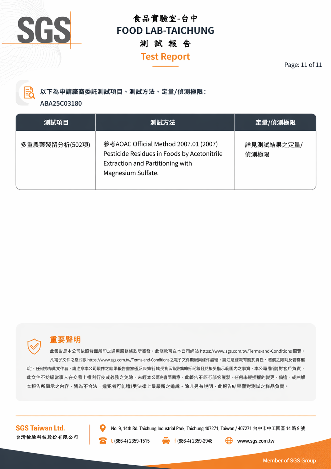 SGS 農藥殘留分析報告