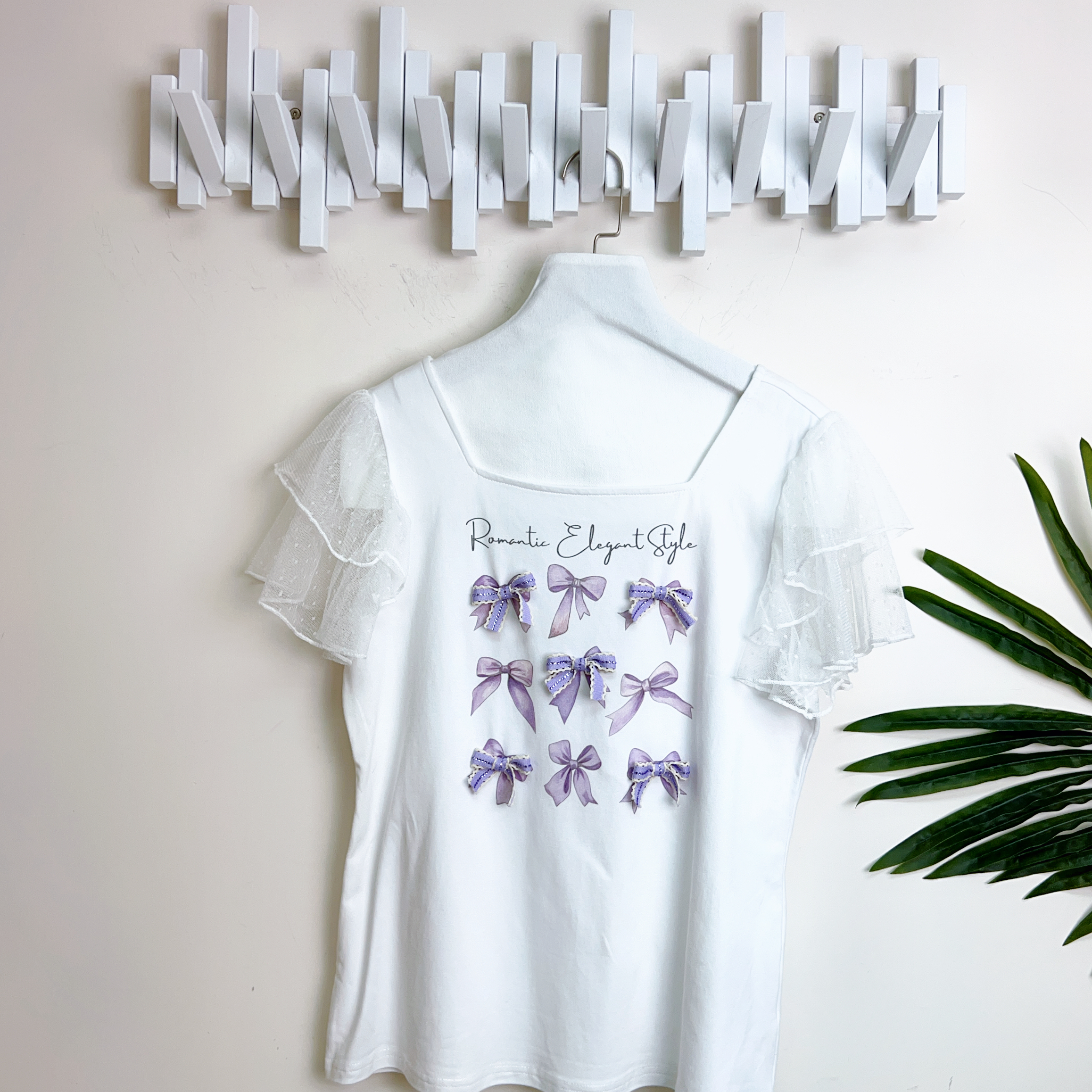 LACE手袖拼燙石蝴蝶結棉質上衣（胸36-42 腰36-42 長23吋）26005 #2404clo