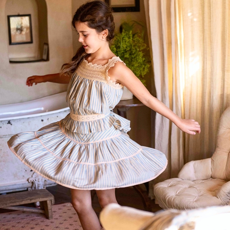 BONJOUR DIARY 後鬆緊蛋糕裙附髮夾(藍條紋) FLOUNCE SKIRT with Hair clip - Blue transat stripe