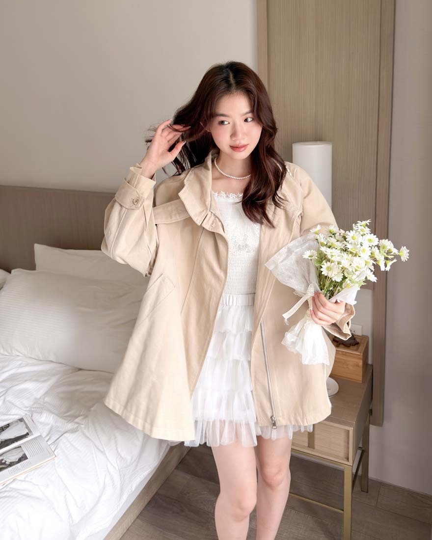 LINA LINA首爾時分翻領拉鍊風衣外套-質感卡其