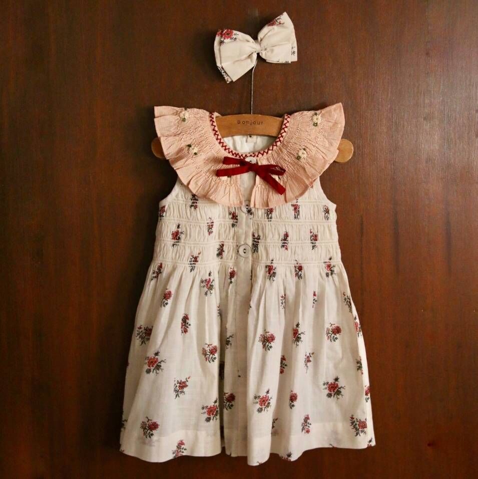 BONJOUR DIARY 荷葉領蝴蝶結綁帶無袖洋裝附髮夾(花園) TUNIQUE WITH HAIRCLIP - Garden flowers print