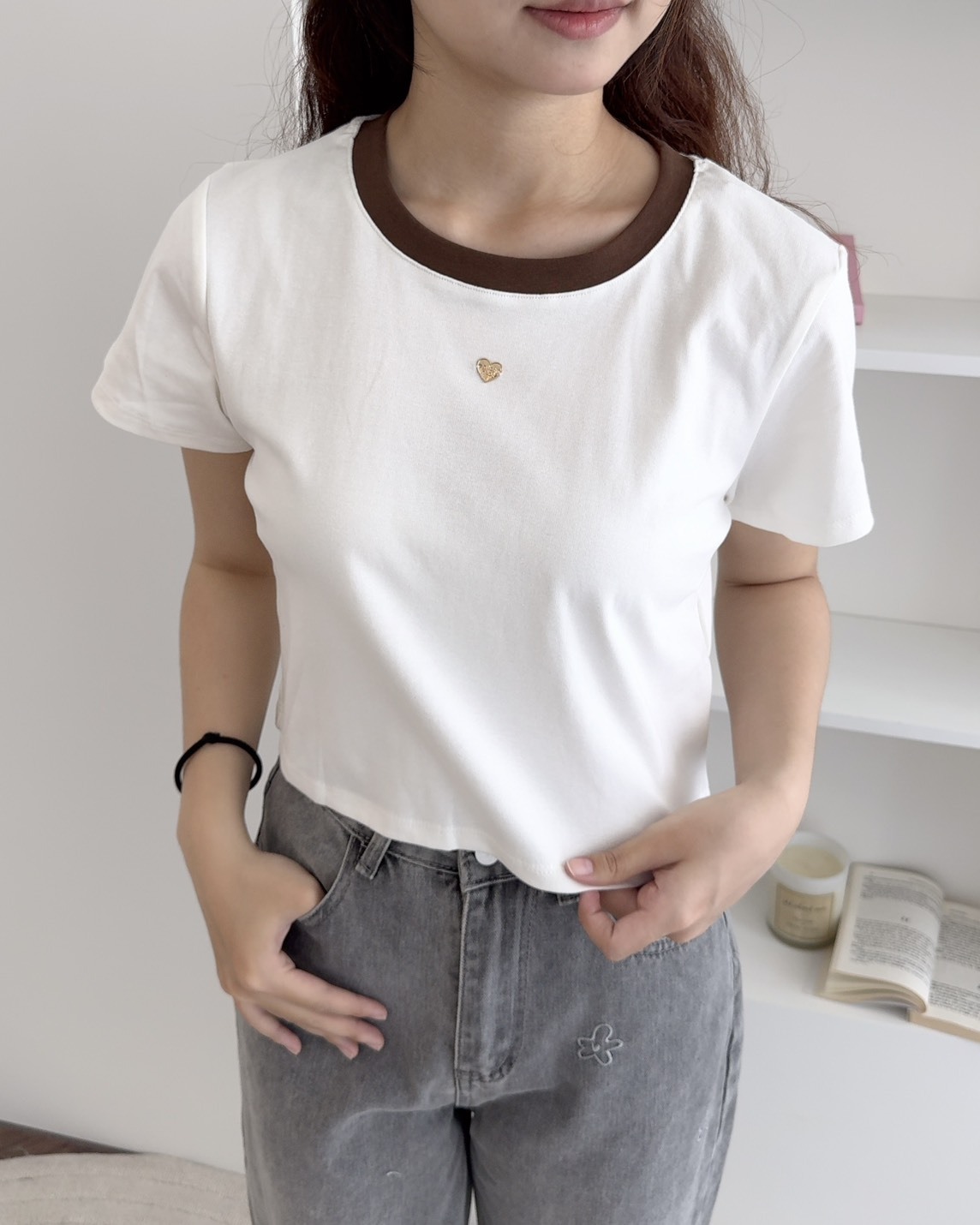 法朵Fado shop｜撞色領愛心扣短版短T 0215103