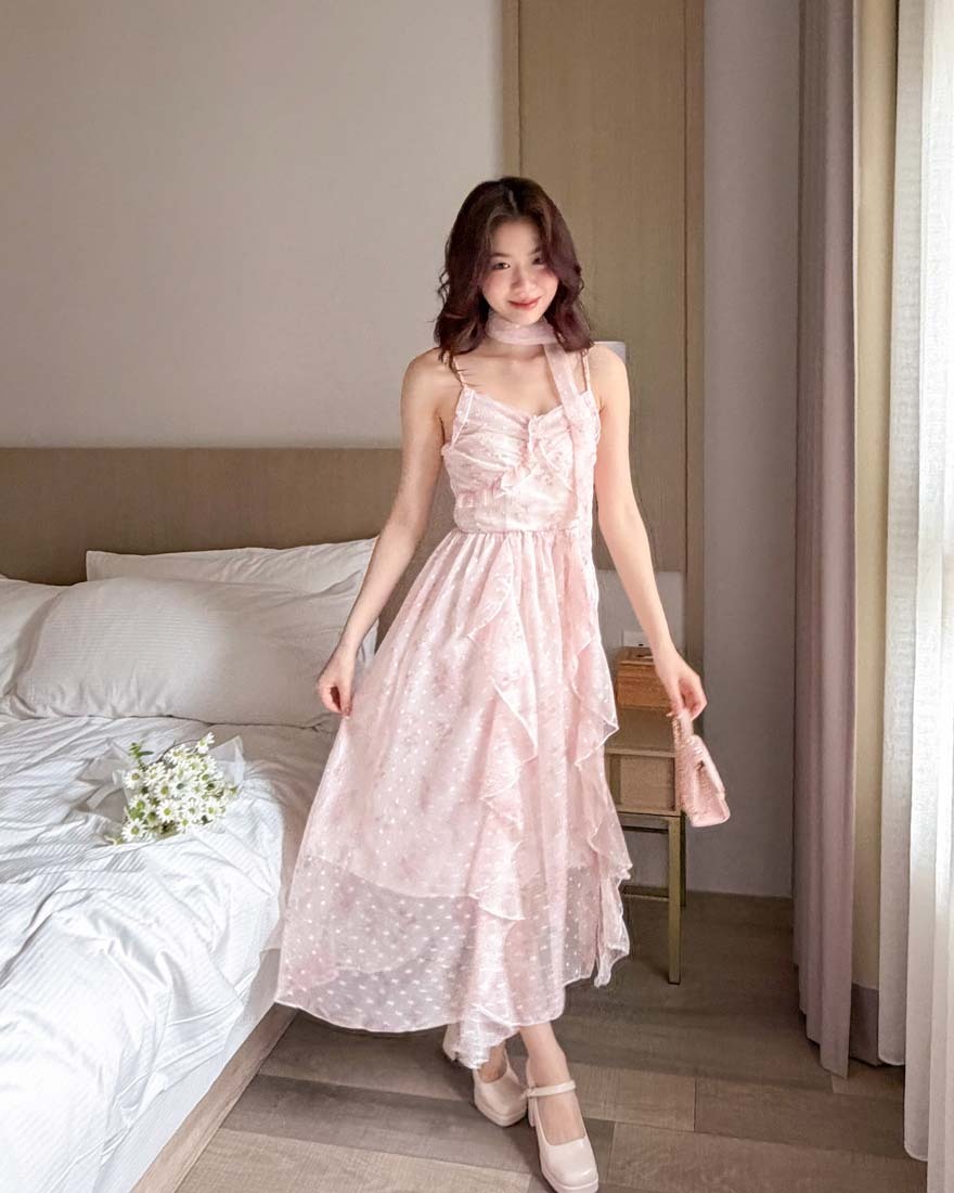 LINA LINA甜美心扉立體波點荷葉花朵洋裝附繞帶-柔美粉