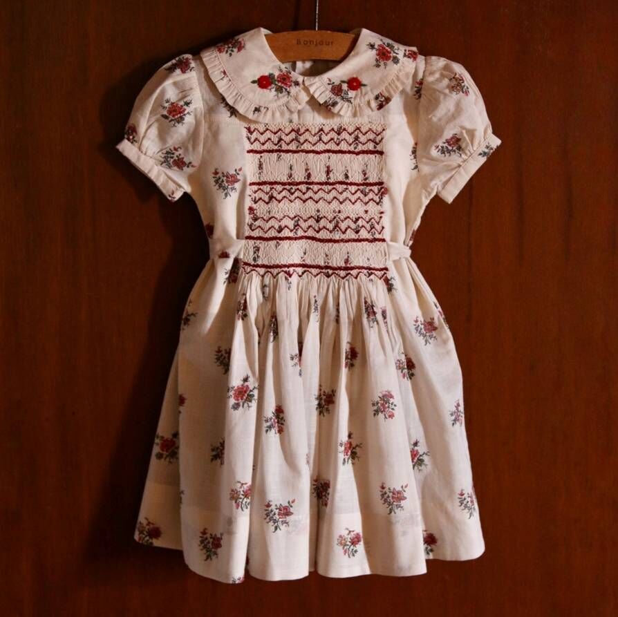 BONJOUR DIARY 綁帶抓褶波浪紋洋裝(花園) HANDSMOCK DRESS - Garden flowers print