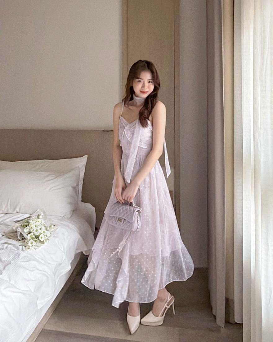 LINA LINA甜美心扉立體波點荷葉花朵洋裝附繞帶-浪漫紫