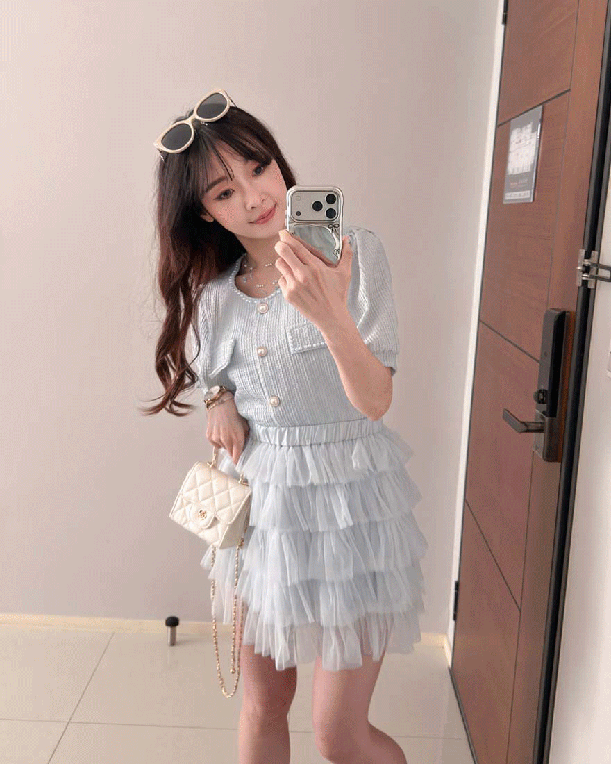 LINA LINA輕甜千金珍珠滾邊華夫格排釦上衣-高雅藍