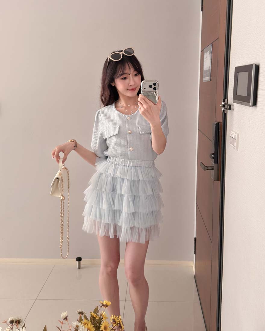 LINA LINA輕甜千金珍珠滾邊華夫格排釦上衣-高雅藍