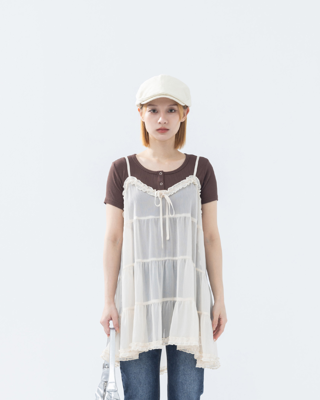 V-neck ruffled sheer tiered spaghetti strap cover-up vest - Apricot【01099514】in stock+pre-order