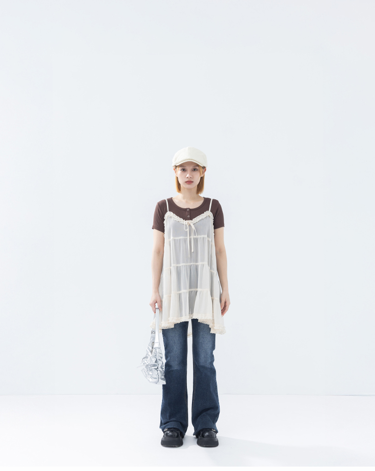 V-neck ruffled sheer tiered spaghetti strap cover-up vest - Apricot【01099514】in stock+pre-order