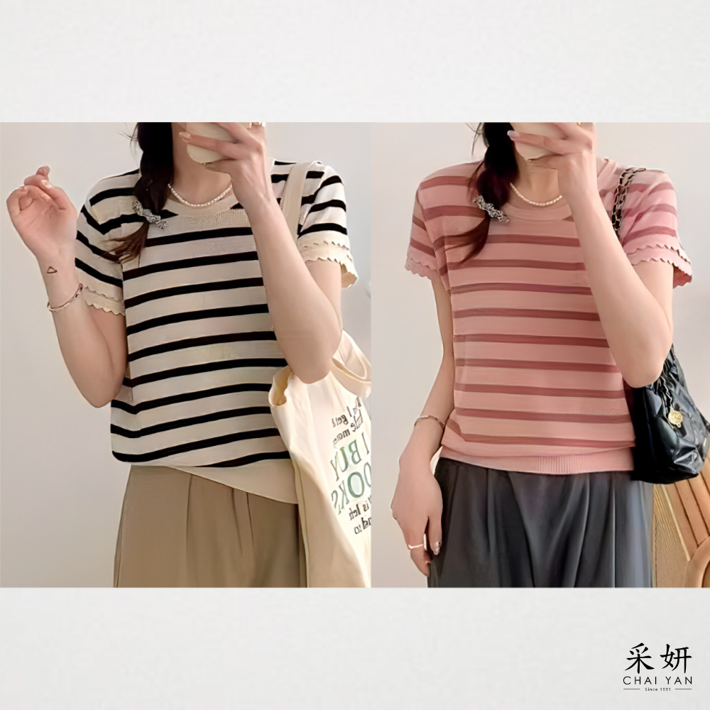 疊袖橫條網織上衣