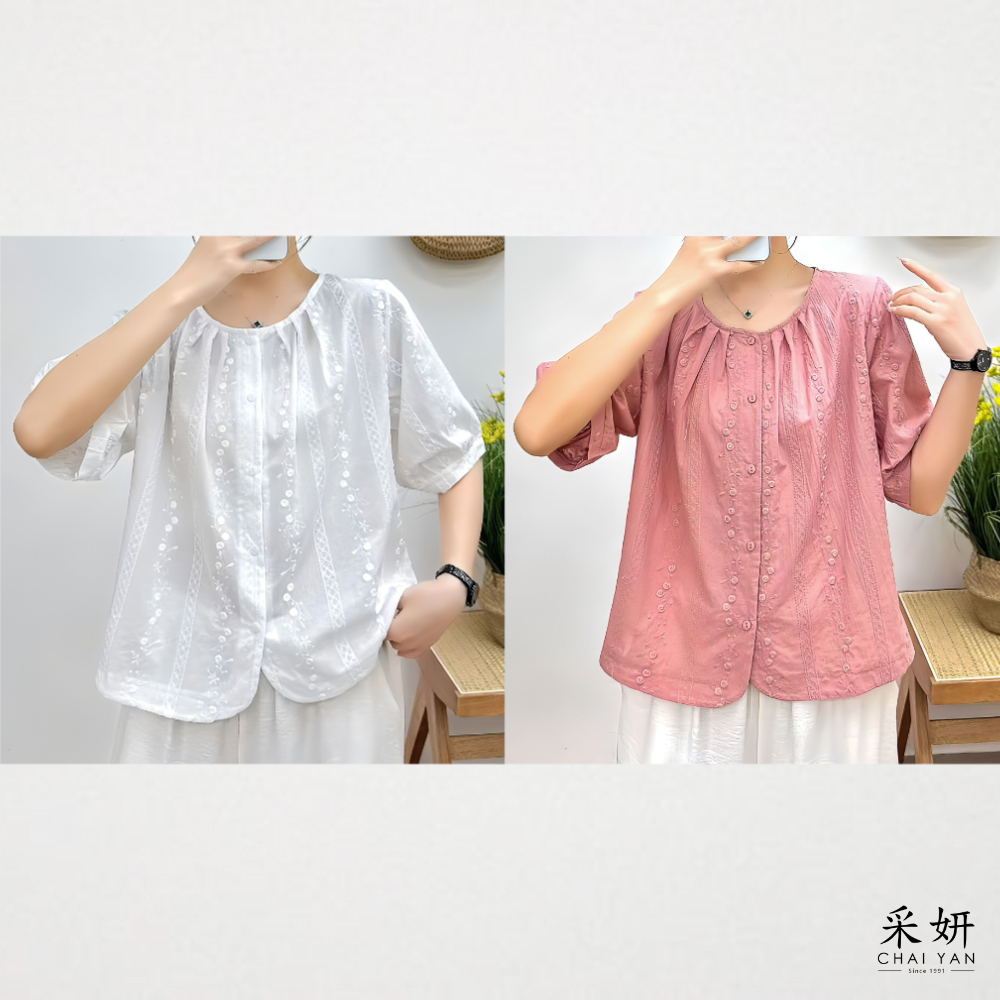 刺繡花棉麻短袖襯衫