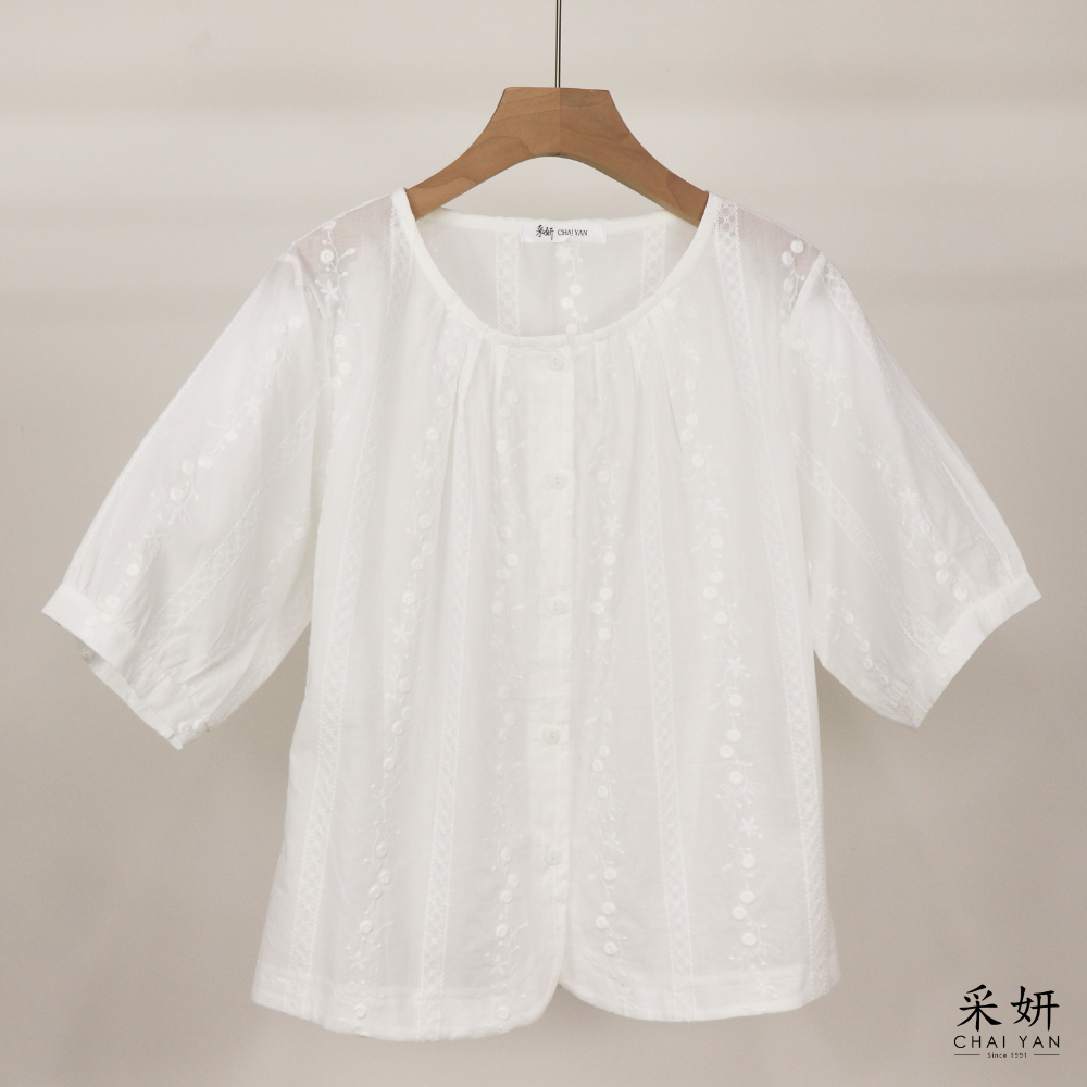 刺繡花棉麻短袖襯衫