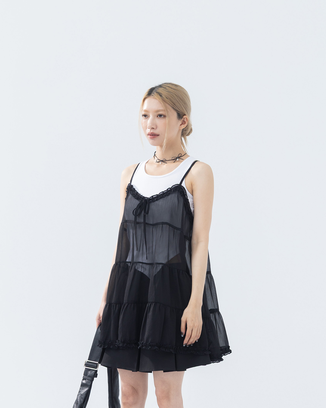 V-neck ruffled sheer tiered spaghetti strap cover-up vest - Black【01099515】in stock+pre-order