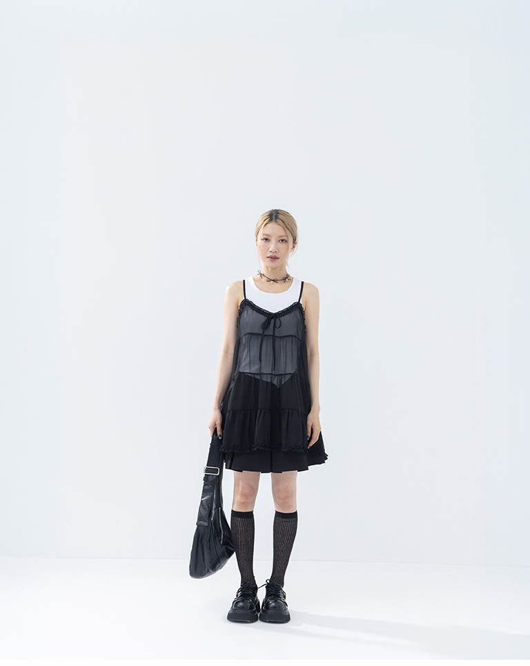 V-neck ruffled sheer tiered spaghetti strap cover-up vest - Black【01099515】in stock+pre-order