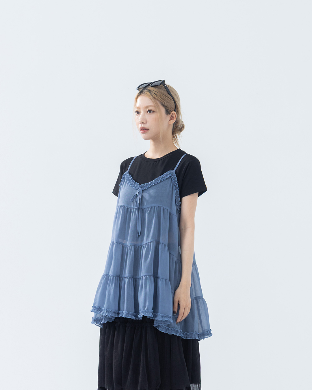 V-neck ruffled sheer tiered spaghetti strap cover-up vest - Blue【01099516】in stock+pre-order