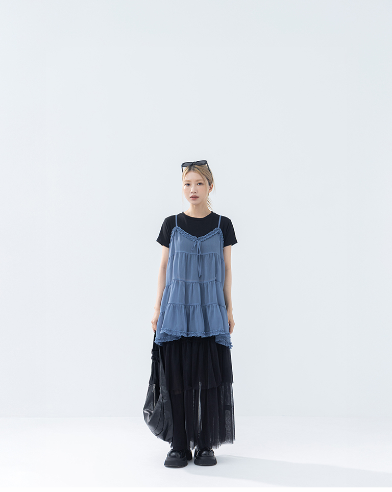 V-neck ruffled sheer tiered spaghetti strap cover-up vest - Blue【01099516】in stock+pre-order