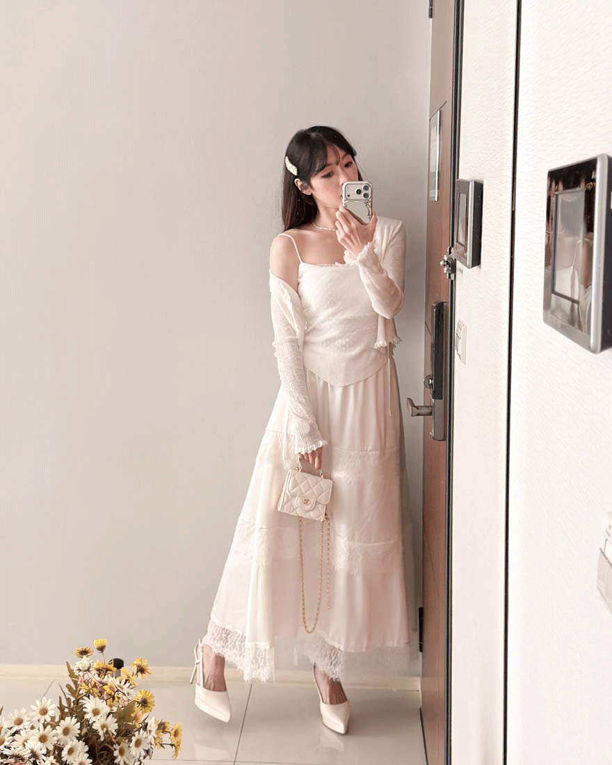 LINA LINA漂亮法則波點上衣蕾絲外套兩件組-甜米白