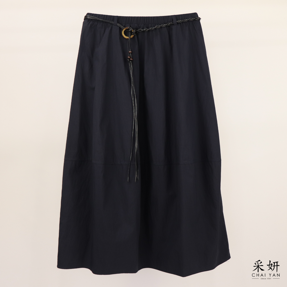 素面拼接寬襬中長裙(附腰帶)
