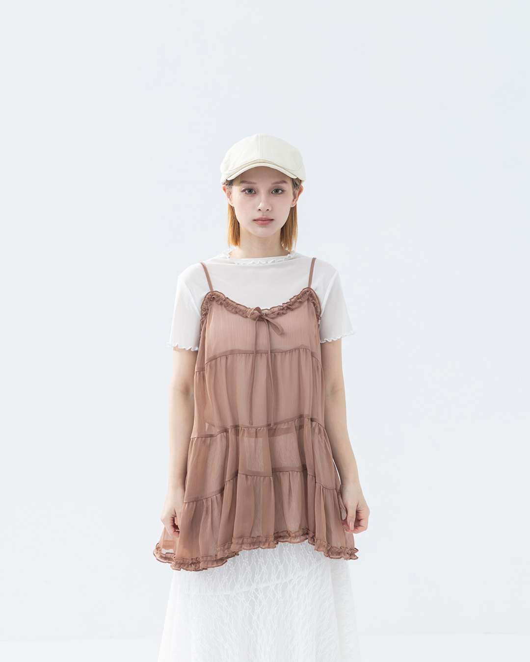 V-neck ruffled sheer tiered spaghetti strap cover-up vest - Coffee【01099517】in stock+pre-order