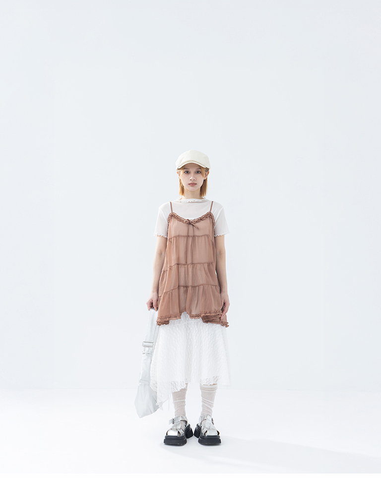 V-neck ruffled sheer tiered spaghetti strap cover-up vest - Coffee【01099517】in stock+pre-order