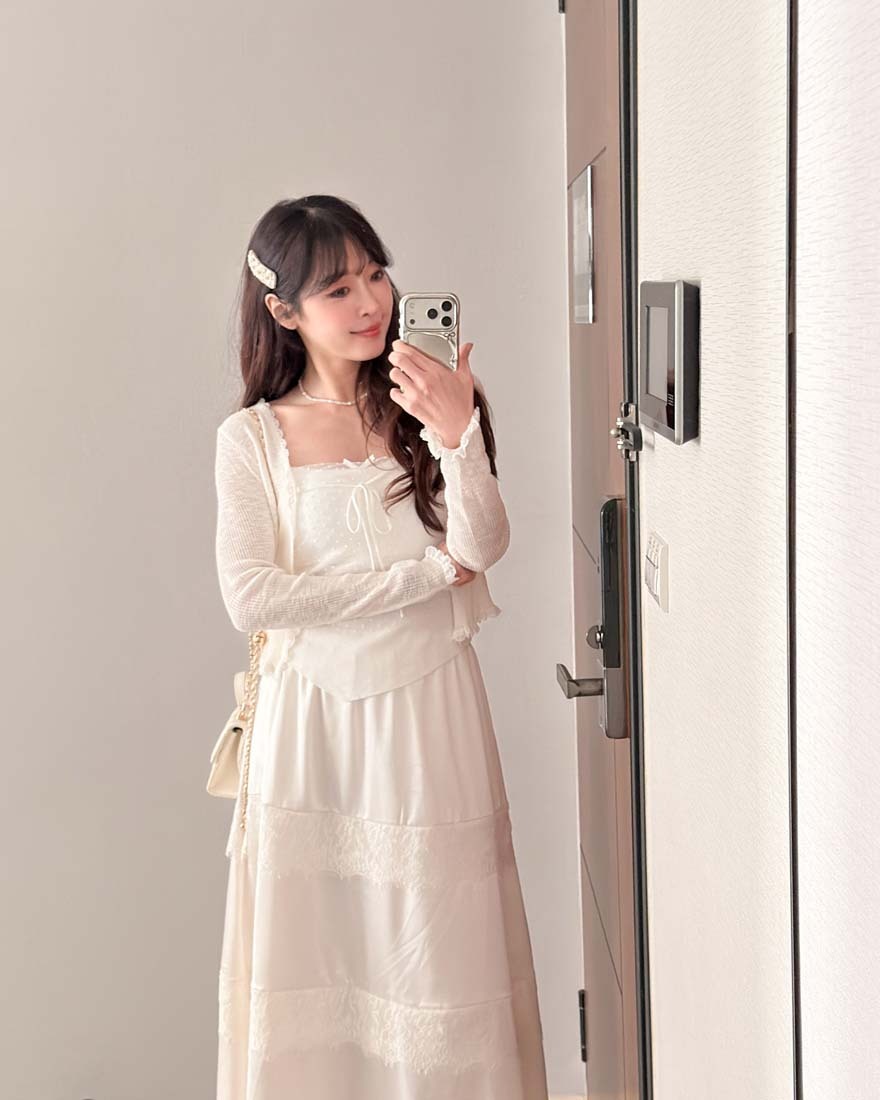 LINA LINA漂亮法則波點上衣蕾絲外套兩件組-甜米白