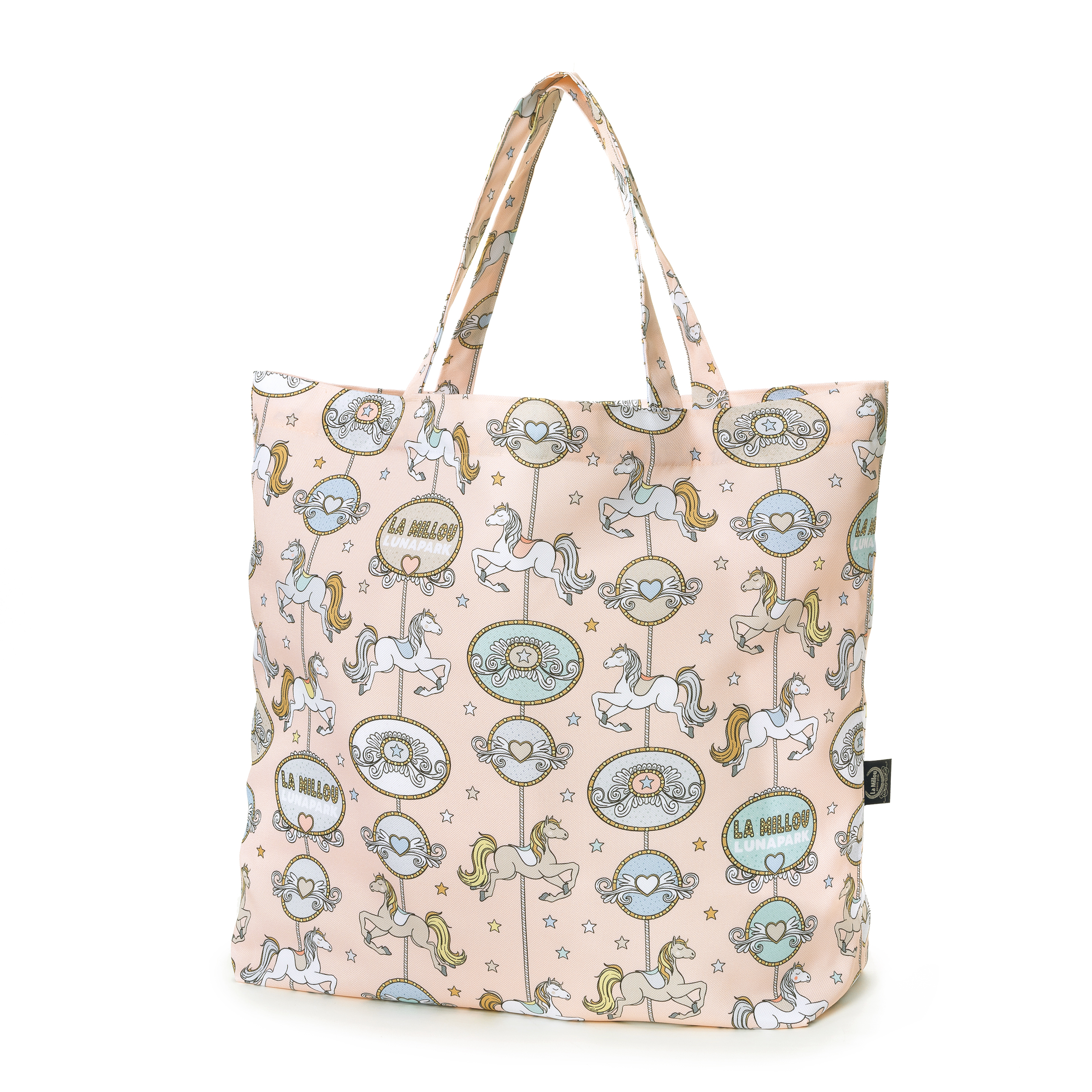 La Millou波蘭 FEERIA 多功能時尚媽媽束口購物袋｜旋轉小木馬(粉底)