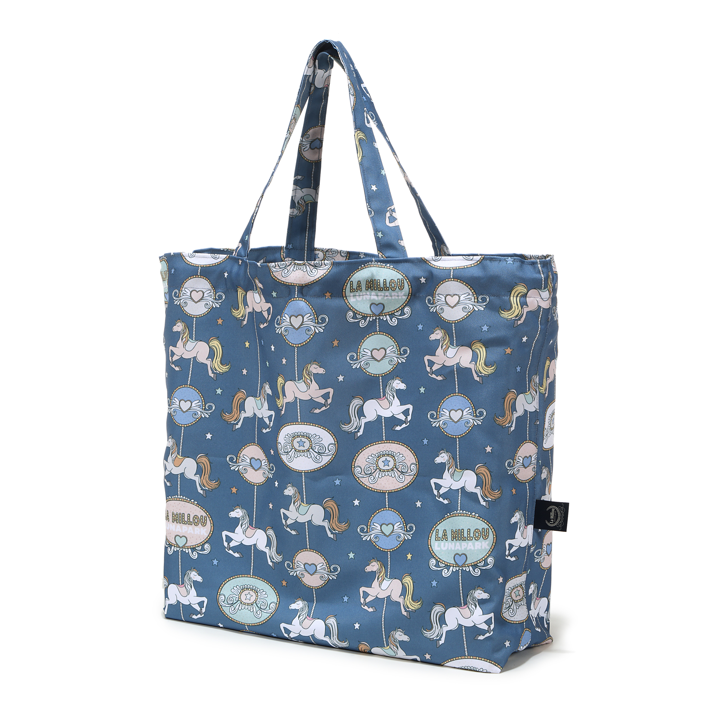 La Millou波蘭 FEERIA 多功能時尚媽媽束口購物袋｜旋轉小木馬(藍底)