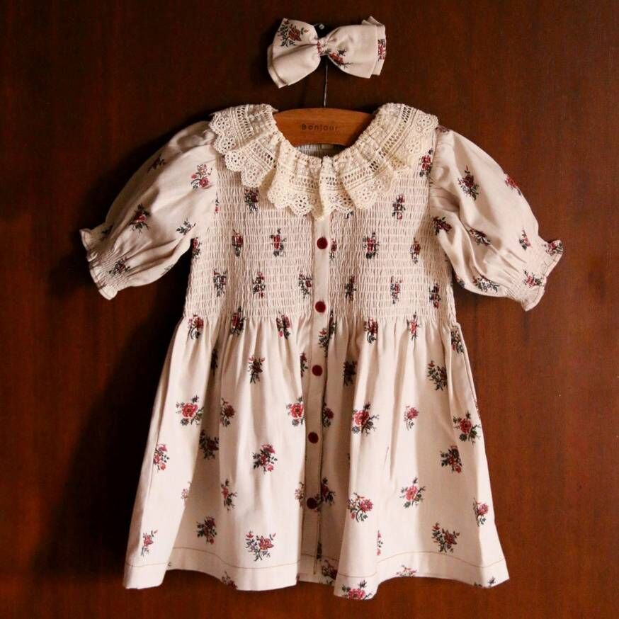 BONJOUR DIARY 蕾絲領排釦洋裝附髮夾(花園) TUNIQUE WITH HAIR CLIP - Garden flowers print