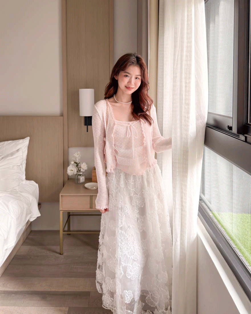 LINA LINA漂亮法則波點上衣蕾絲外套兩件組-櫻花粉